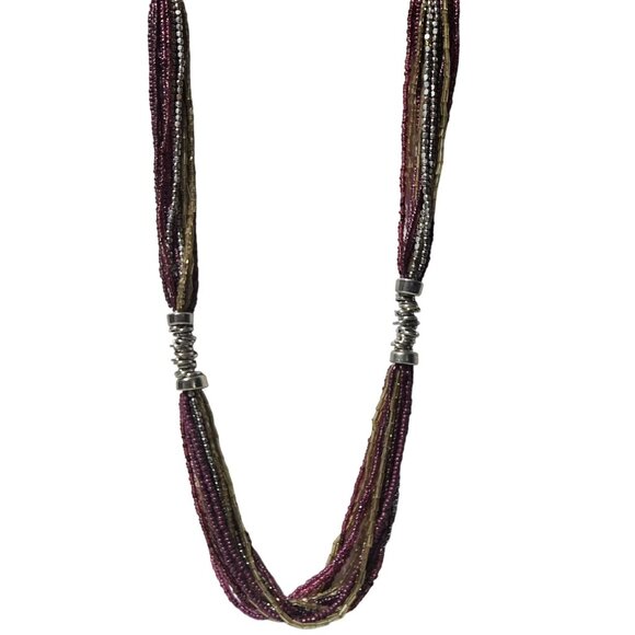 Handmade Seed Beaded Multi Strand Chunky Necklace Silver Tone Accents Jewelry - Picture 1 of 6